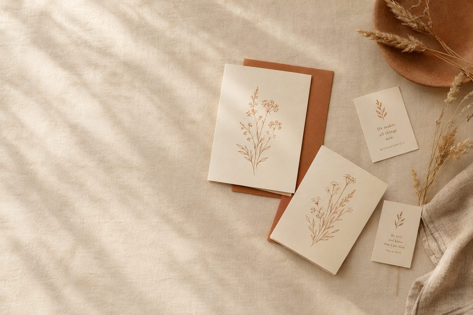 Greeting cards and scripture cards on warm linen in morning light